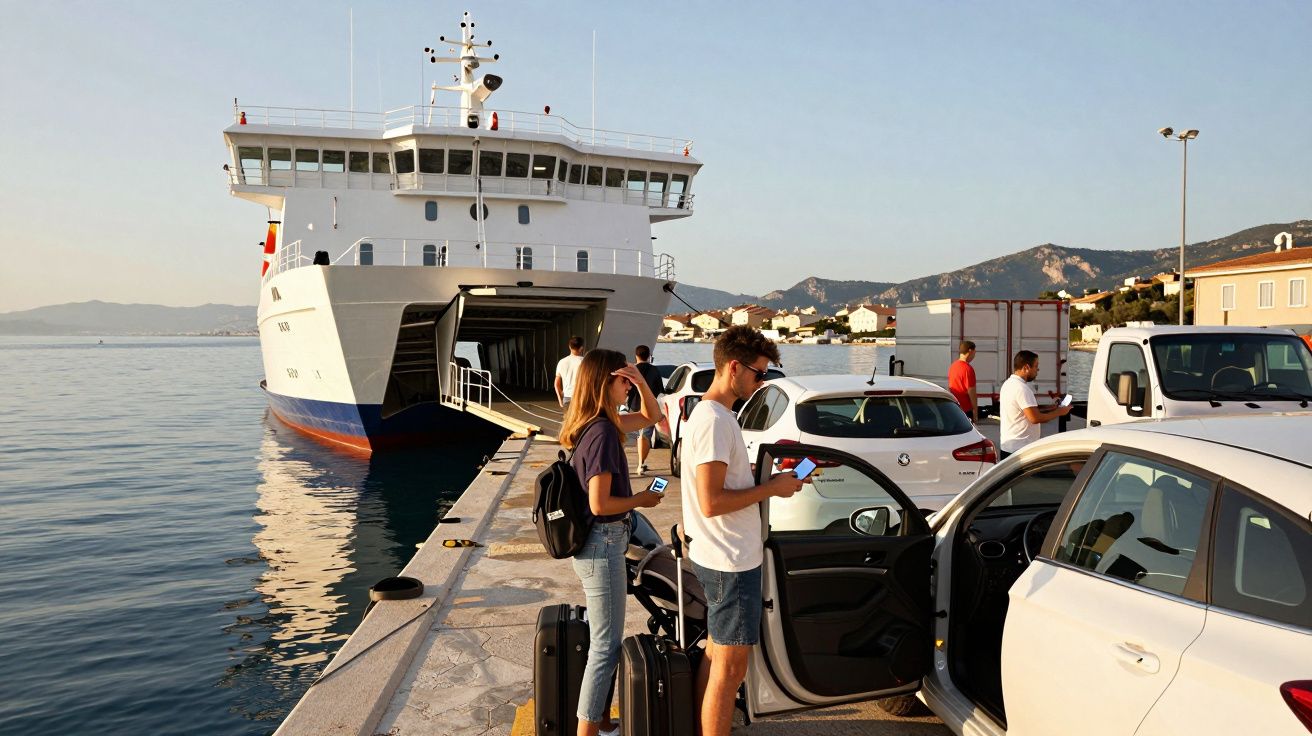 Oameni cu bagaje așteptând să urce cu mașinile pe un ferry la mal, pe fundal munți și case.
