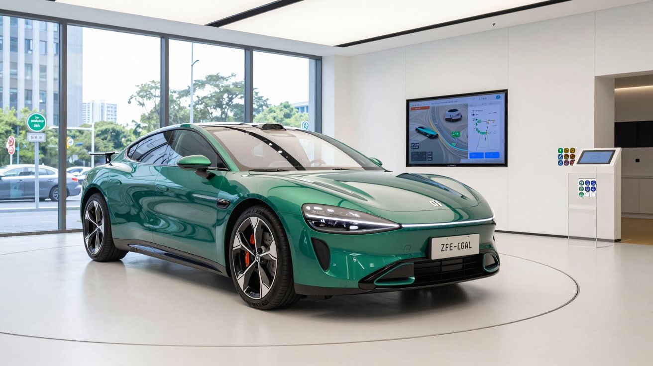 Mașină sport electrică verde expusă într-un showroom modern cu ferestre mari și afiș digital pe perete.