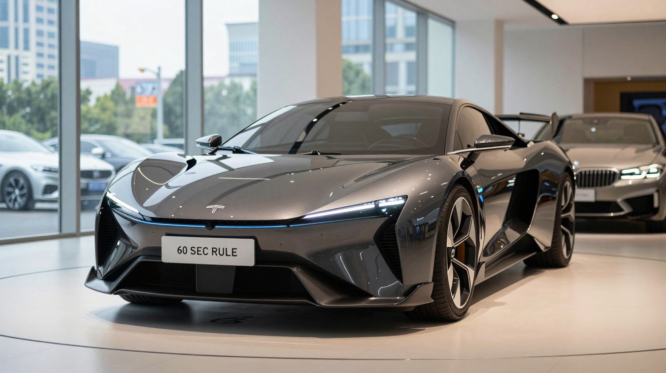 Mașină electrică sport Tesla de culoare neagră, expusă într-un showroom modern cu geamuri mari.