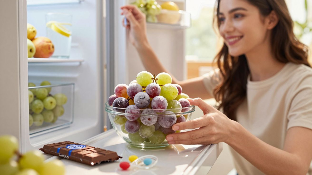 Femeie fericită cu bol de struguri variat în fața frigiderului deschis în bucătărie luminoasă.