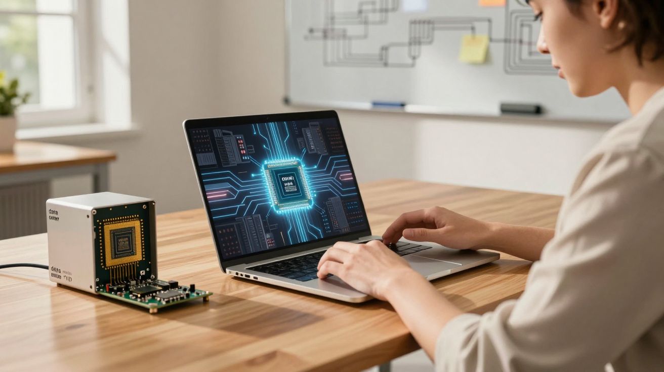 Persoană lucrând la un laptop cu un cip electronic afișat pe ecran, lângă un dispozitiv hardware pe masă.