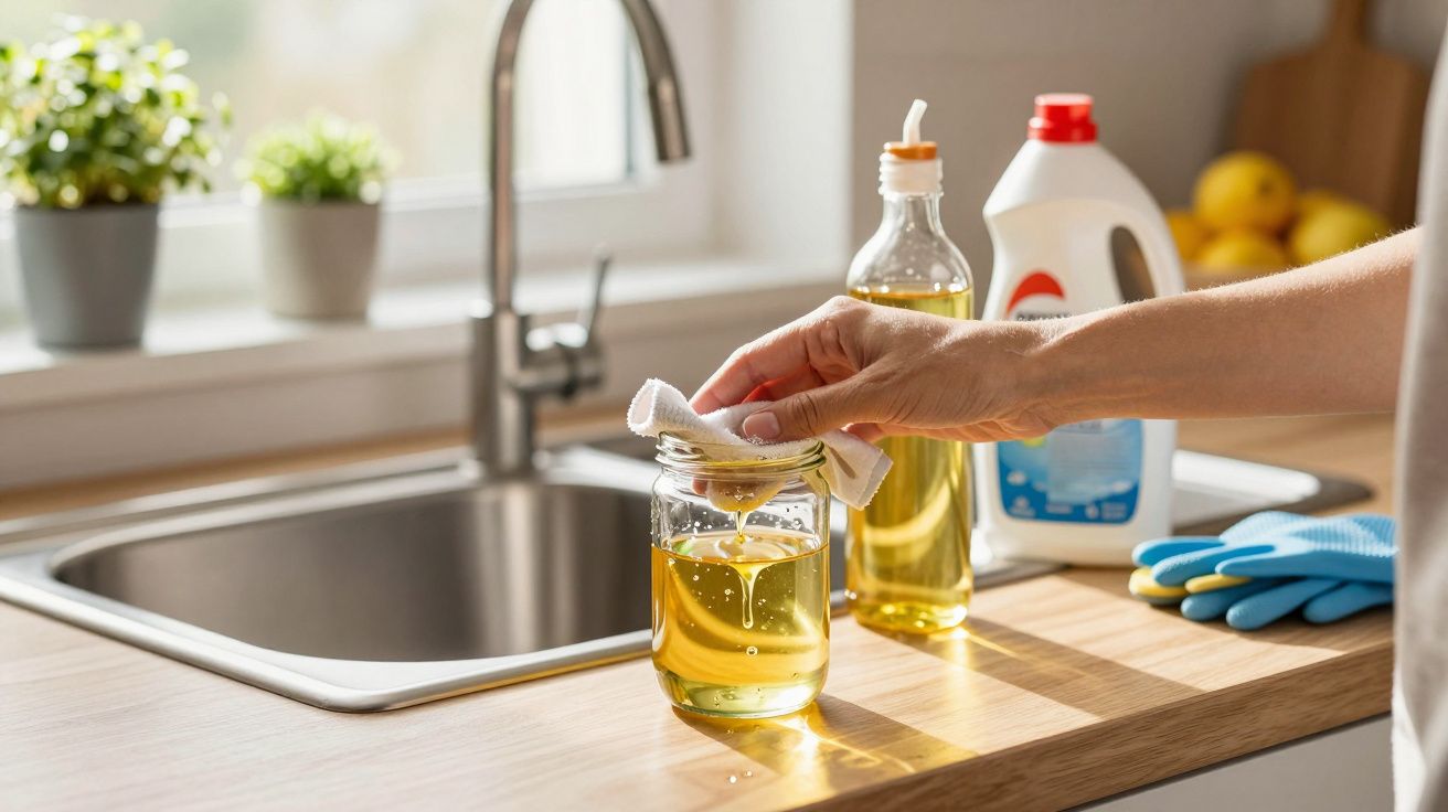 Persoană stoarce lămâie într-un borcan cu lichid galben pe lângă chiuvetă de bucătărie.