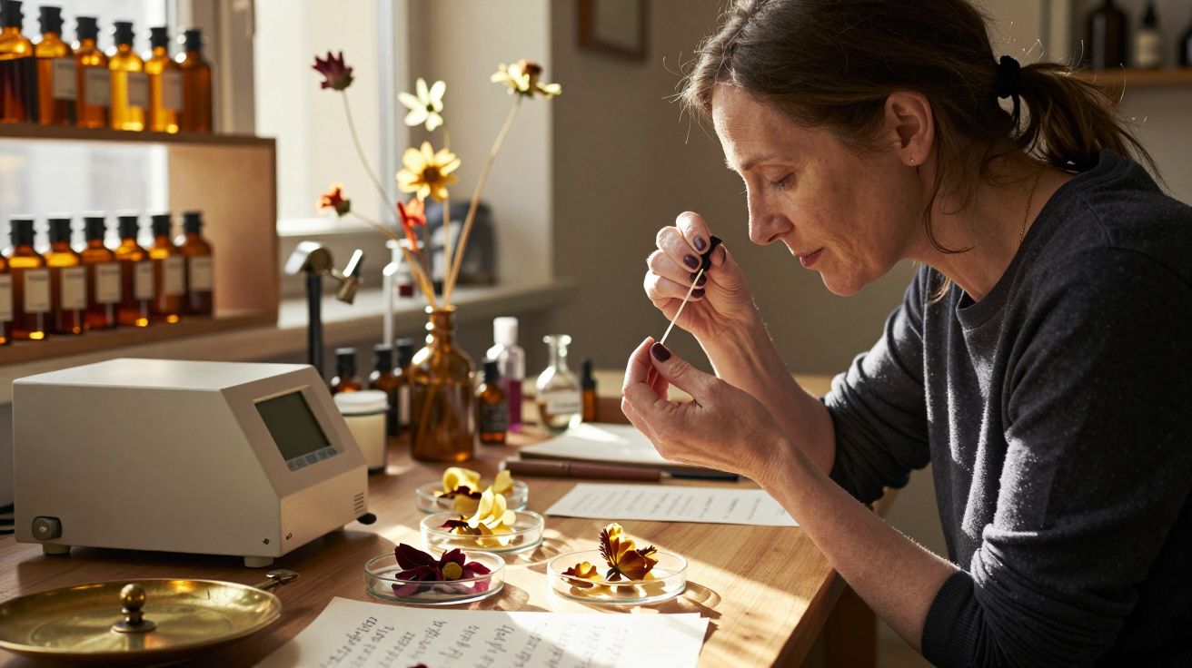 Femeie care analizează flori pe petri pentru cercetare în laborator cu sticle și notițe lângă fereastră.