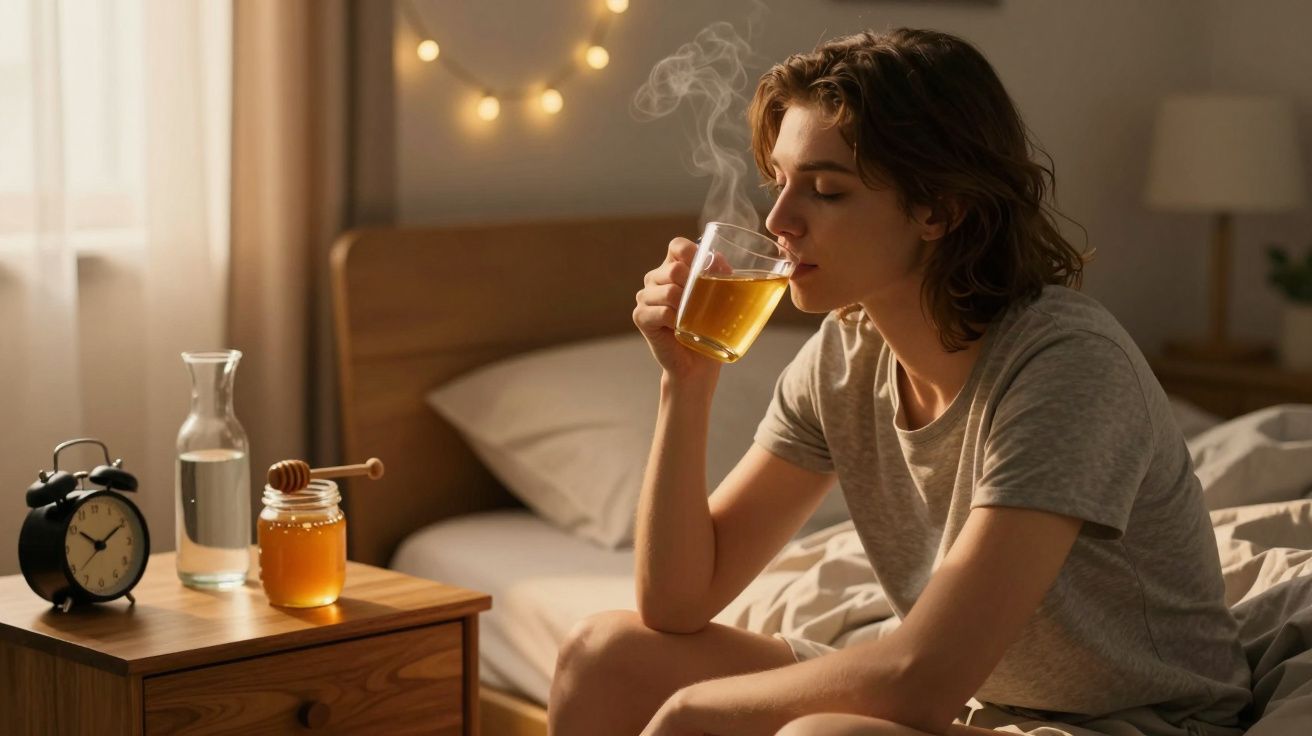 Femeie tânără stând pe marginea patului, savurând o cană cu ceai cald în dormitor liniștit.