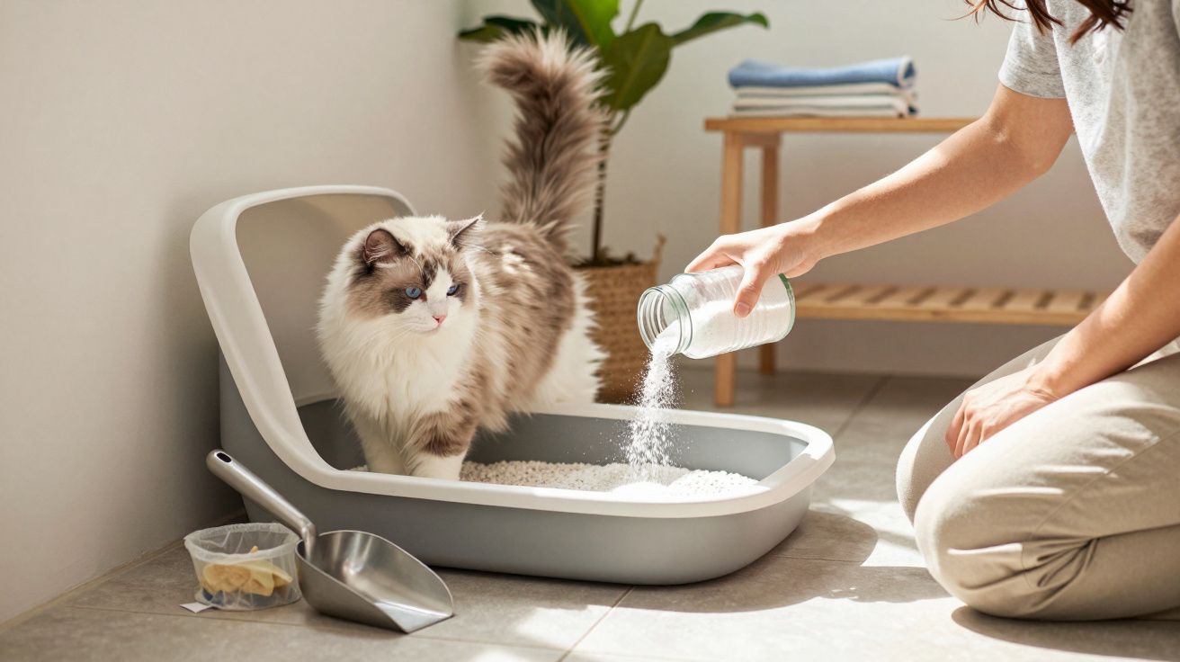 Pisică într-o litieră în timp ce o persoană toarnă nisip curat pentru pisici.