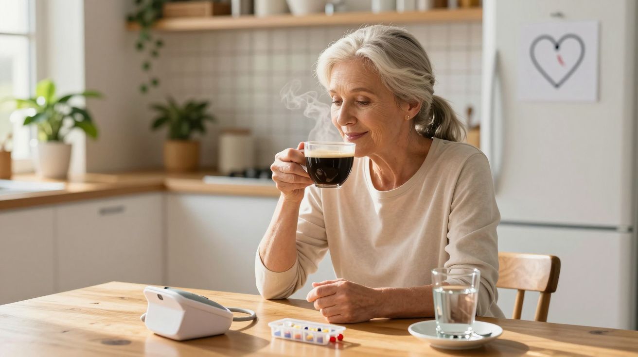 Femeie în vârstă beau cafea în bucătărie, cu medicamente și aparat de măsurare tensiune pe masă.