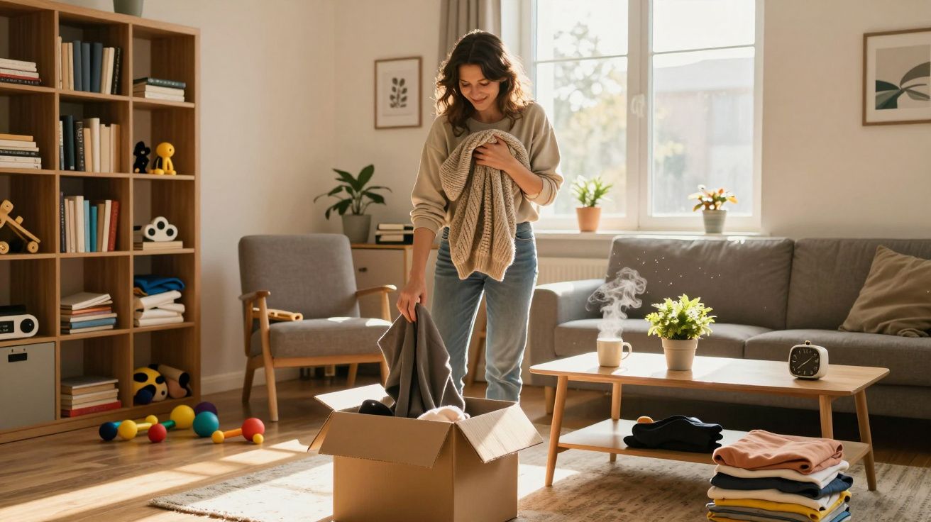 Femeie în living luminoas, împachetând haine într-o cutie de carton lângă canapea și masă.