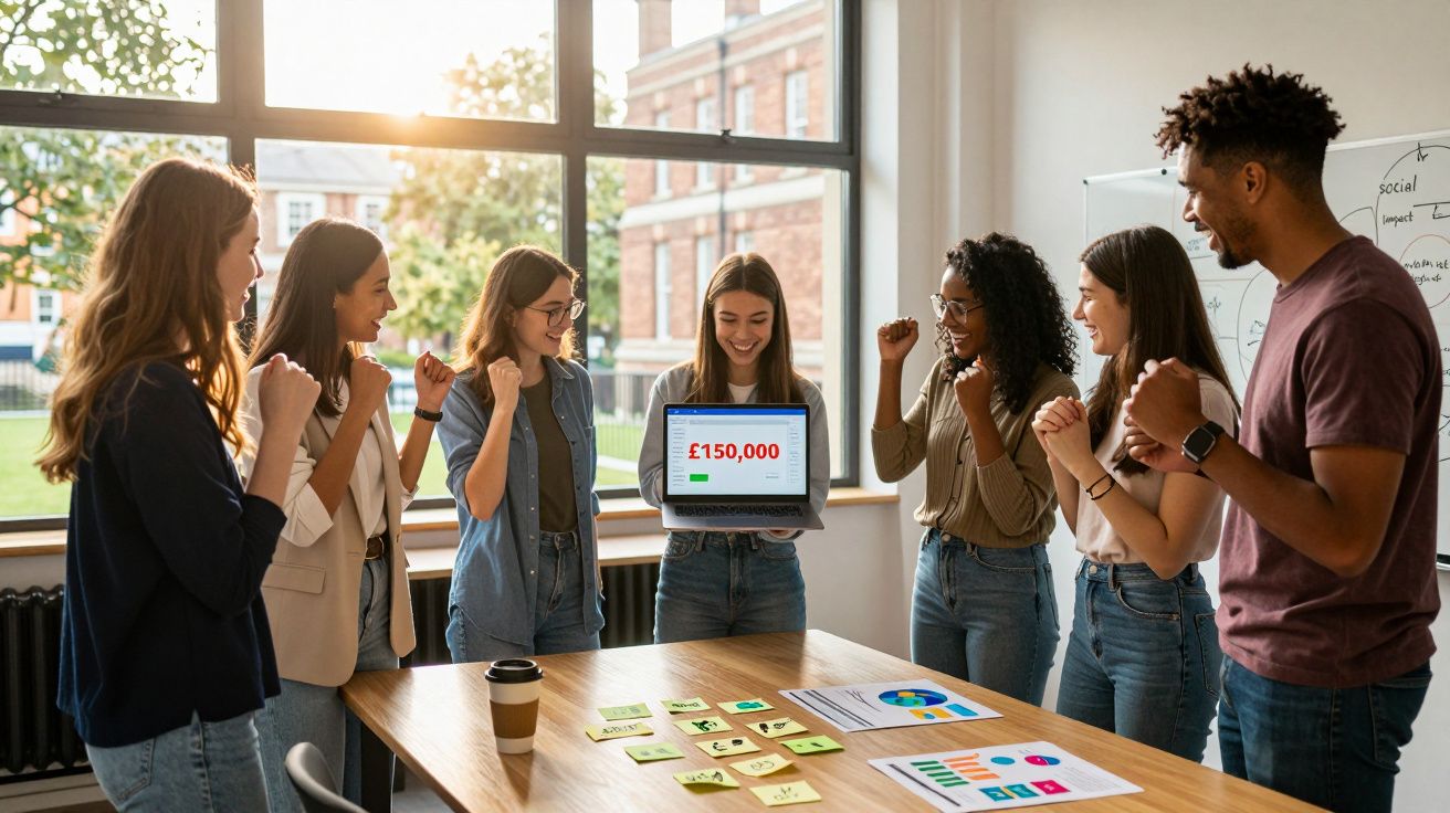 Grup divers de tineri entuziasmați într-o sală de ședințe, admirând suma de 150.000 £ pe un laptop.