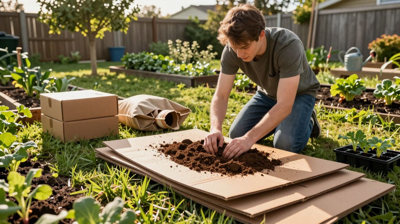 Bărbat așezat în grădină, pregătind solul pe cutii de carton pentru grădinărit ecologic.