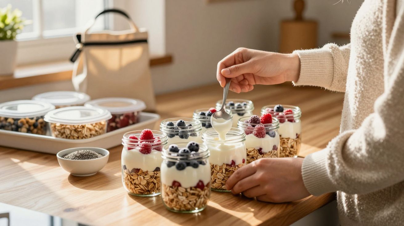 Mână întinzând o lingură cu iaurt peste borcane cu granola, iaurt și fructe de pădure pe o masă de lemn.