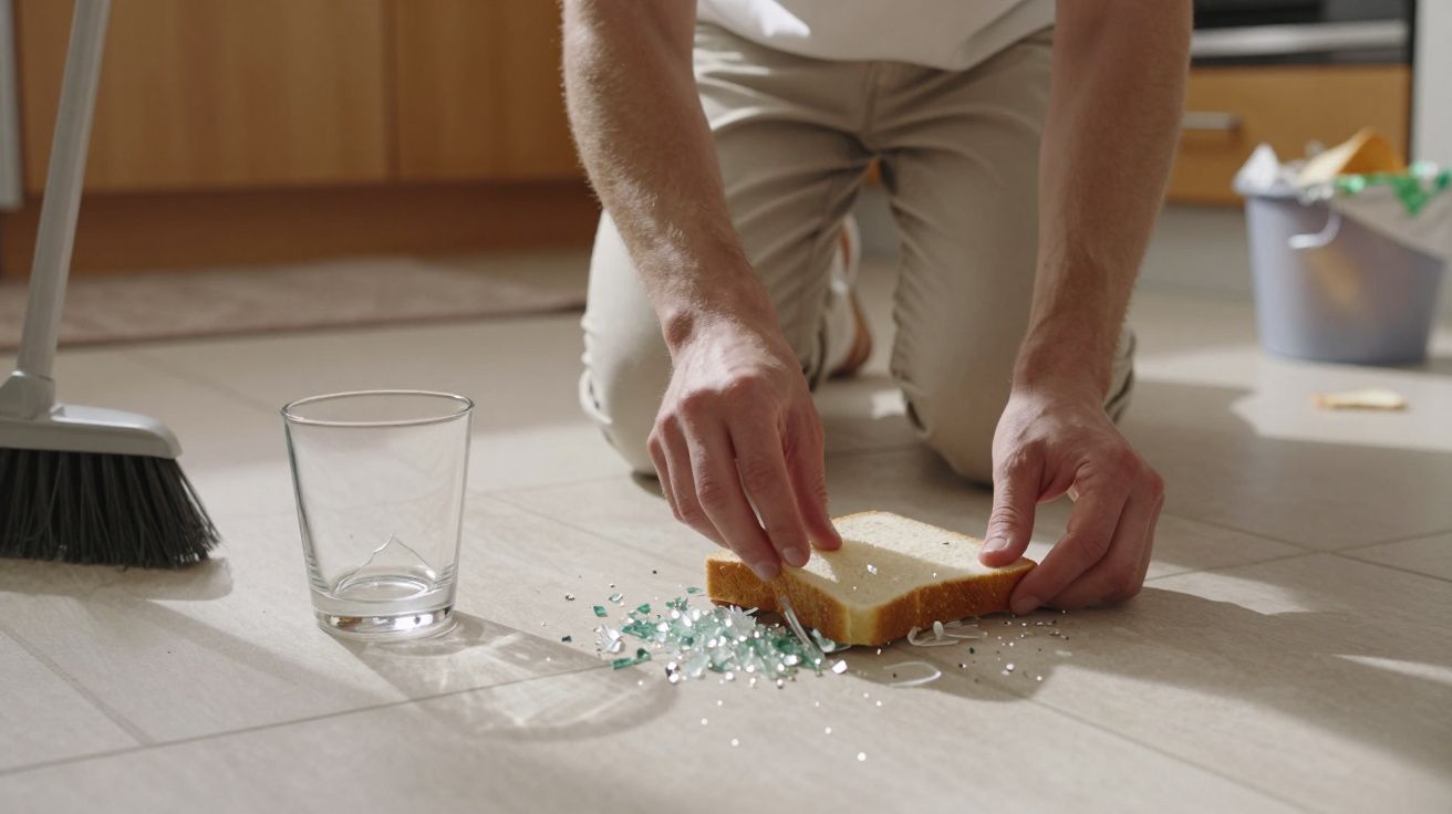 Persoană care strânge cioburi de sticlă de pe podea folosind o felie de pâine, lângă o mătură și un pahar gol.