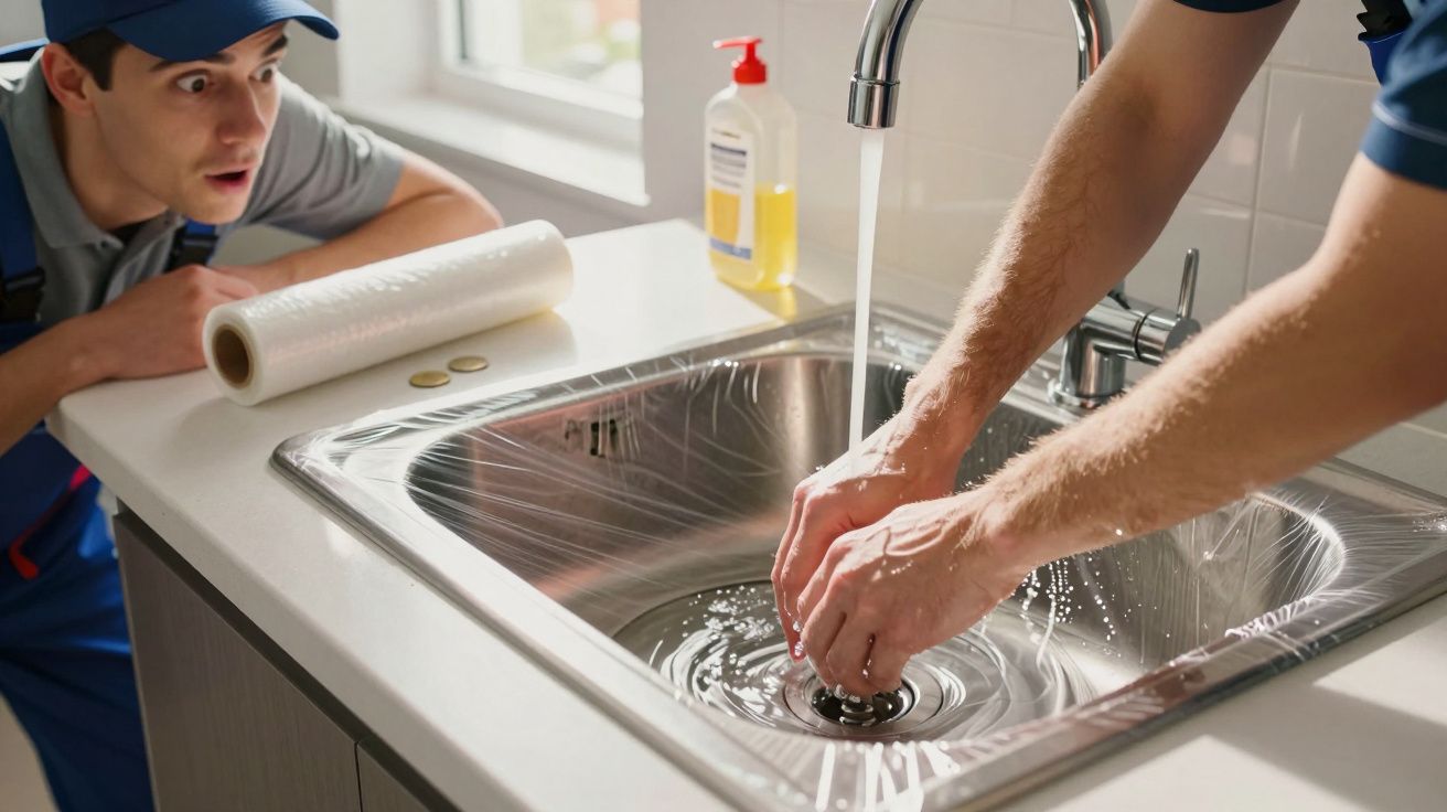 Două persoane inspectează un chiuvetă învelit cu folie, în timp ce unul curăță scurgerea cu apă curentă.