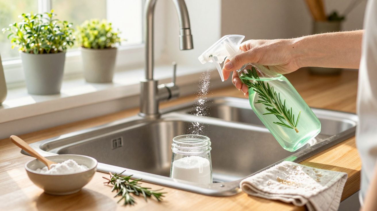 Mână pulverizând soluție verde cu rozmarin într-un borcan lângă chiuvetă și plante pe pervaz.