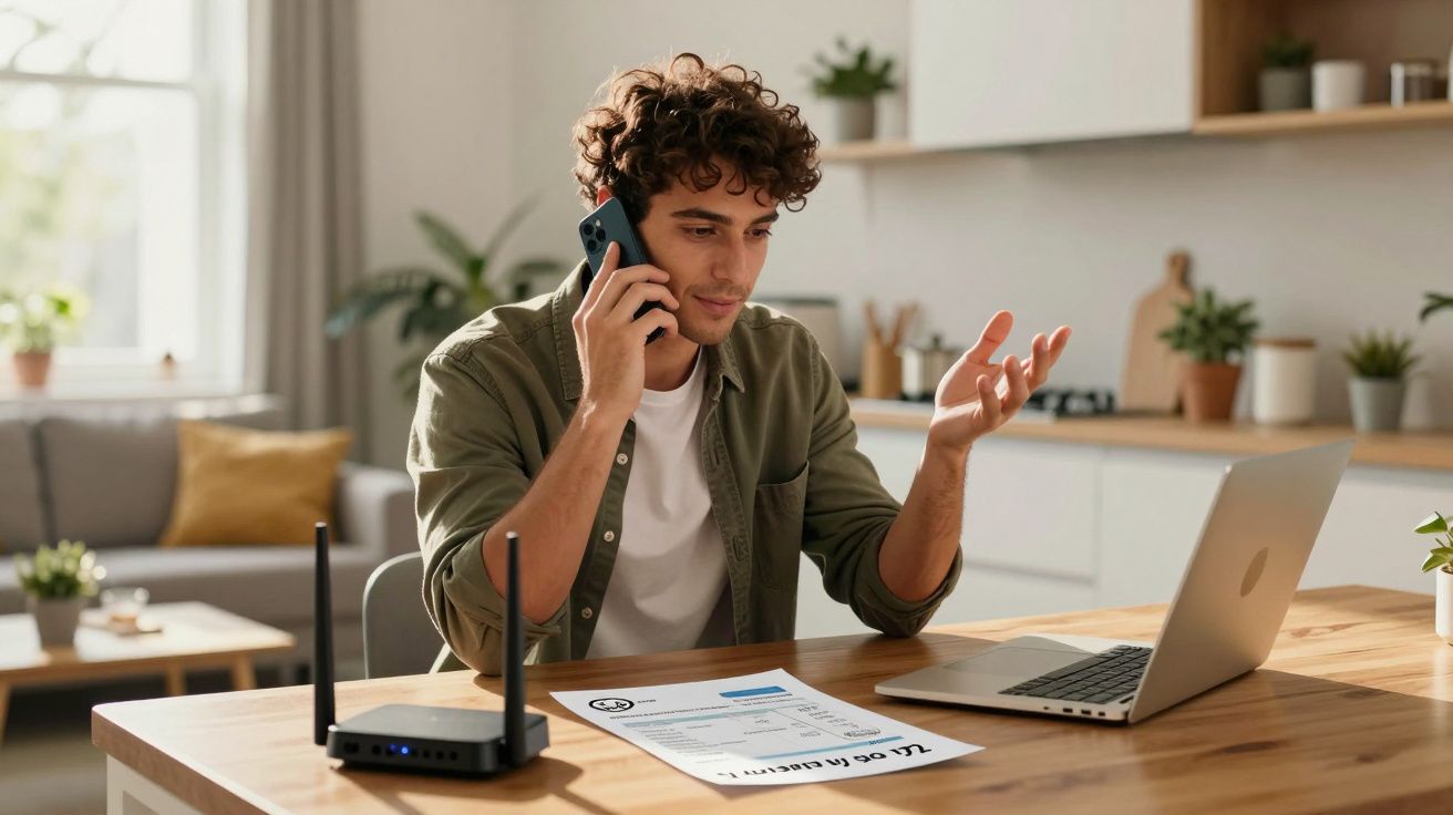 Bărbat tânăr discutând la telefon, lucrând la laptop într-o bucătărie modernă, cu document pe masă.