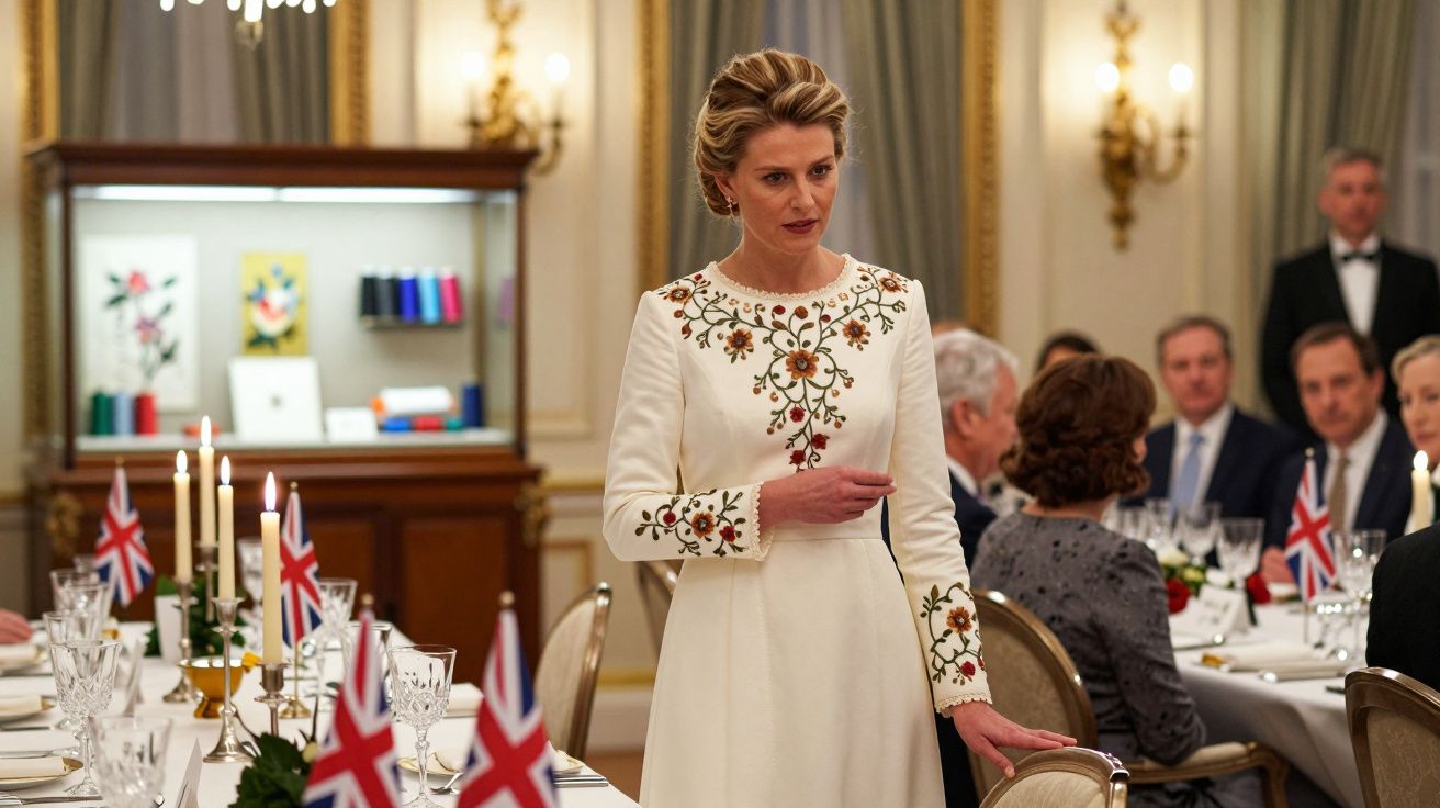 Femeie într-o rochie albă cu broderie florală la un dineu formal cu steaguri britanice pe masă.