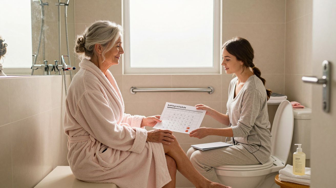 Două femei discută în baie, una în halat roz ținând un calendar, cealaltă pe toaletă cu un caiet.