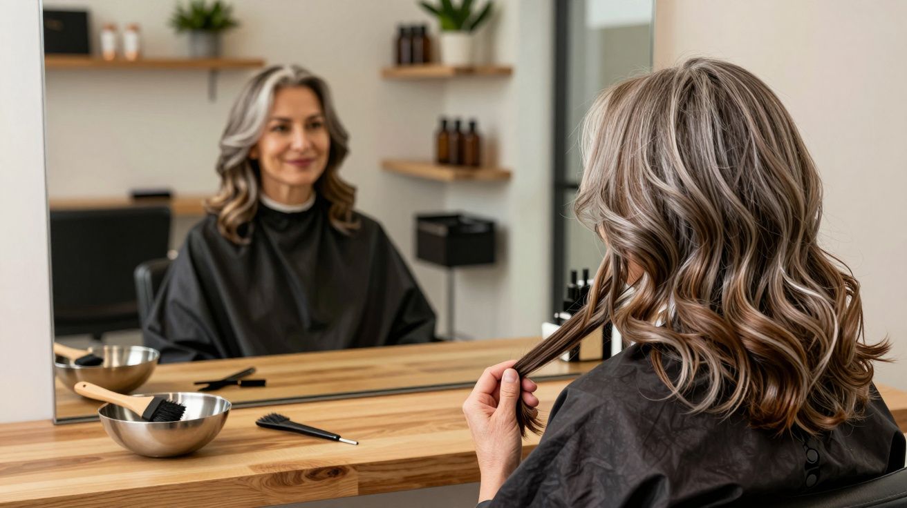 Femeie cu păr ondulat și vopsit, privind în oglindă într-un salon de înfrumusețare modern.