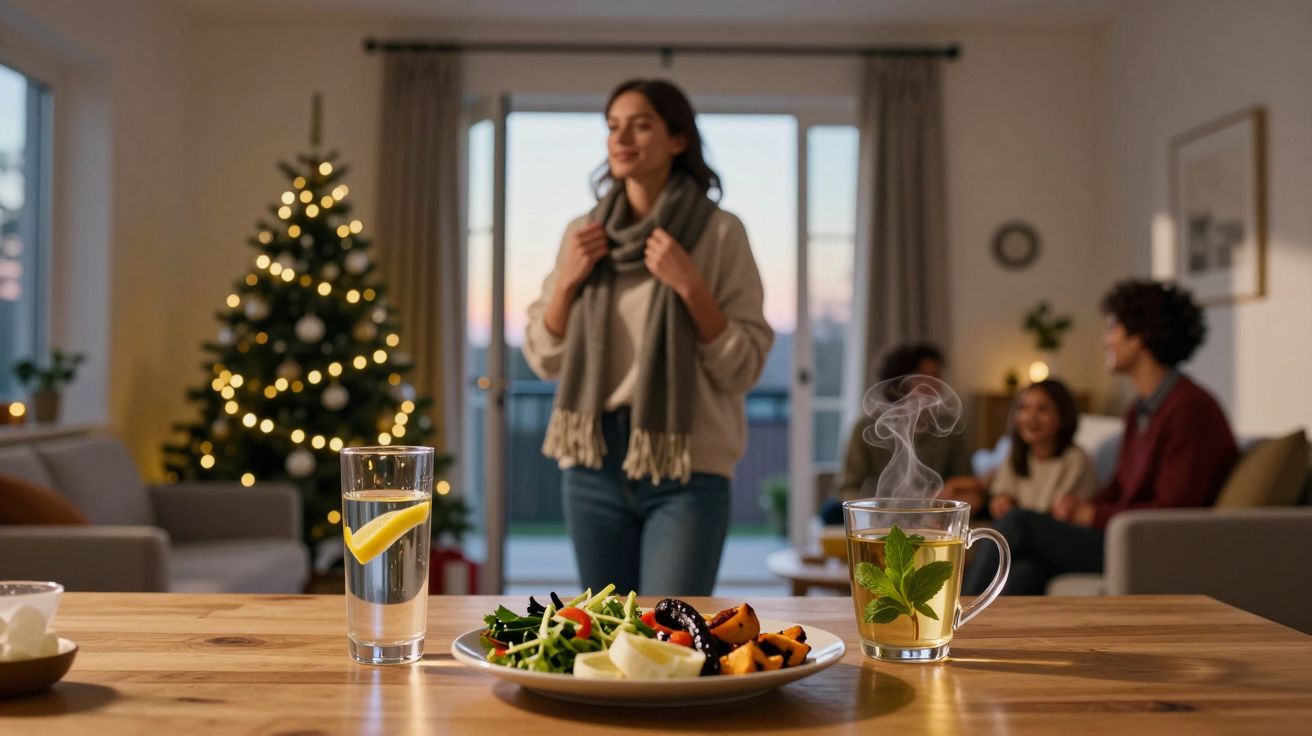 Un platou cu salată, un pahar cu apă și o ceașcă cu ceai pe masă, oameni relaxându-se lângă bradul de Crăciun.