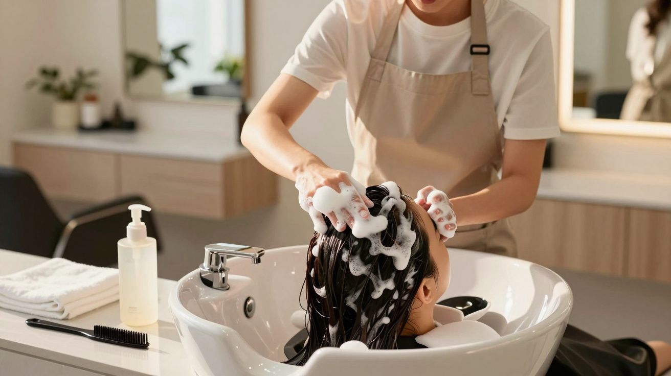 Femeie spălând părul clientei la chiuveta unui salon de înfrumusețare, cu spumă de șampon.