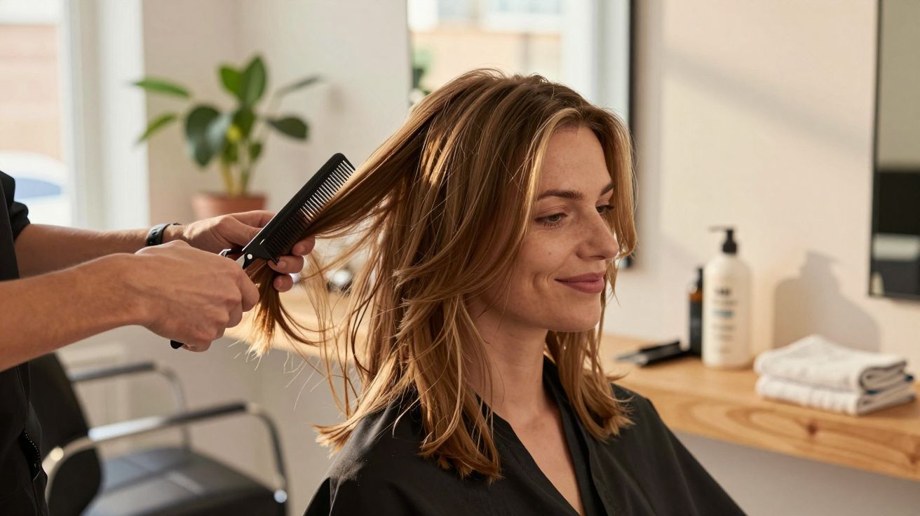 Femeie zâmbitoare la salonul de coafură, părul ei este periat și aranjat de hairstylist.