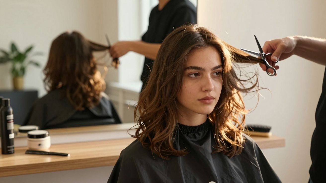 Tânără la salonul de coafură, în timp ce stilistul îi taie părul cu foarfeca în fața oglinzii.