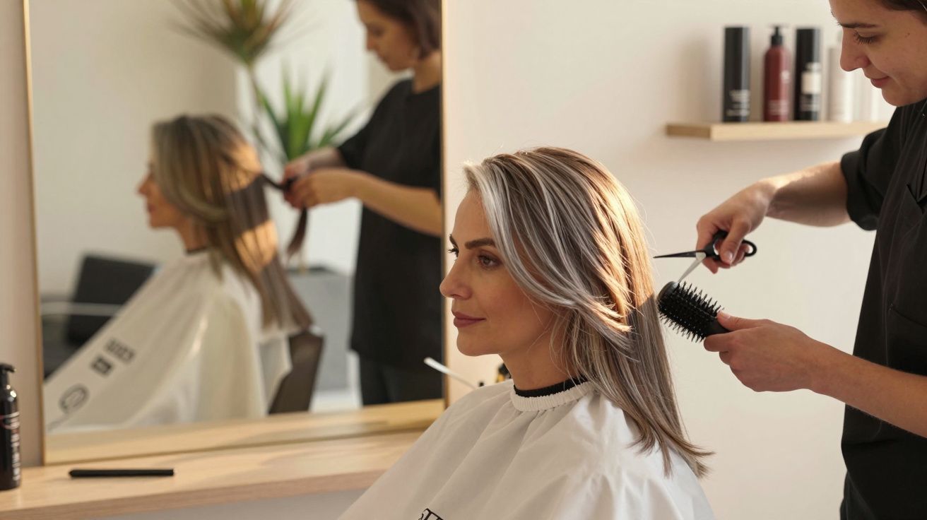 Femeie la salon tunsă și pieptănată de un stilist, reflectată în oglindă.