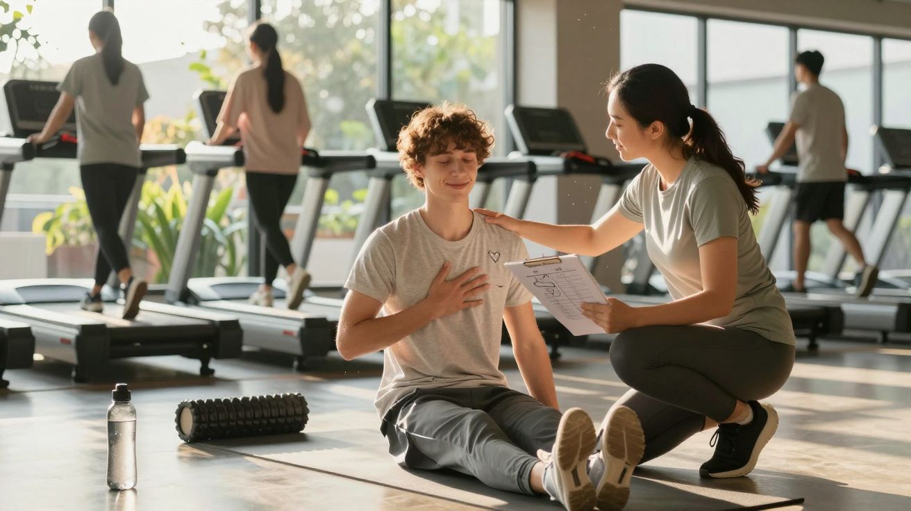 Antrenor care asistă adolescentul în exerciții de respirație într-o sală de sport modernă.