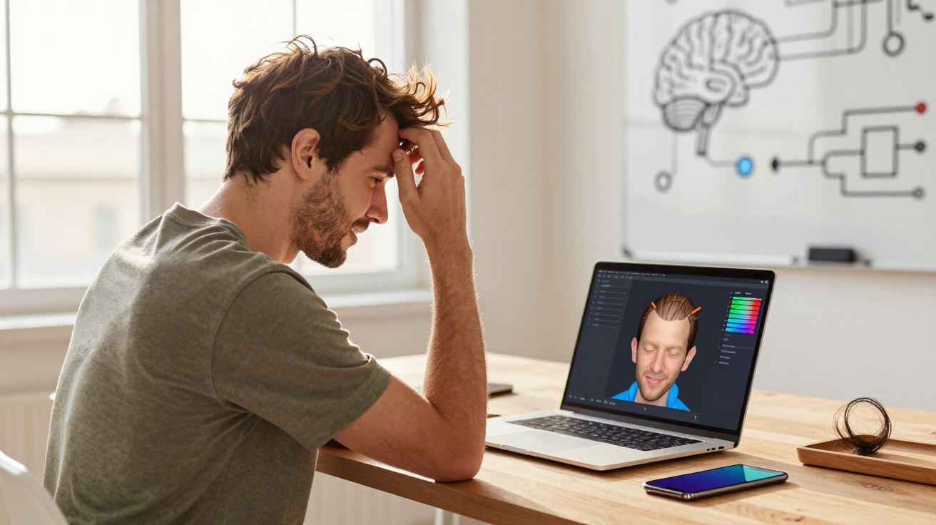 Bărbat privind un laptop unde editează o imagine 3D a capului său în timp ce stă la o masă.