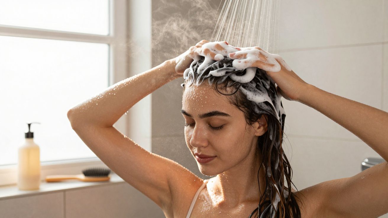 Femeie spălându-și părul cu șampon în duș, cu spumă albă și apă curgând în cadă.