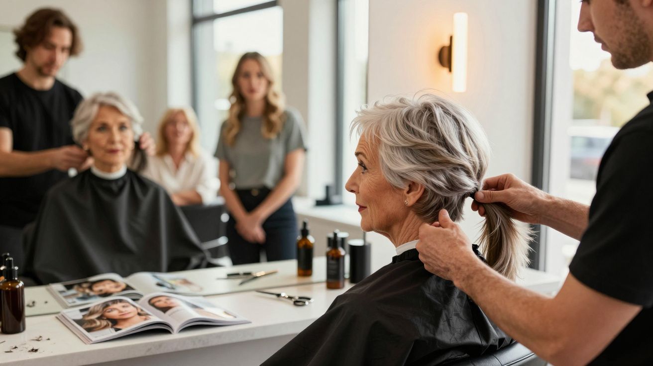 Femeie în vârstă la salon, își pregătește părul cu ajutorul unui stilist.