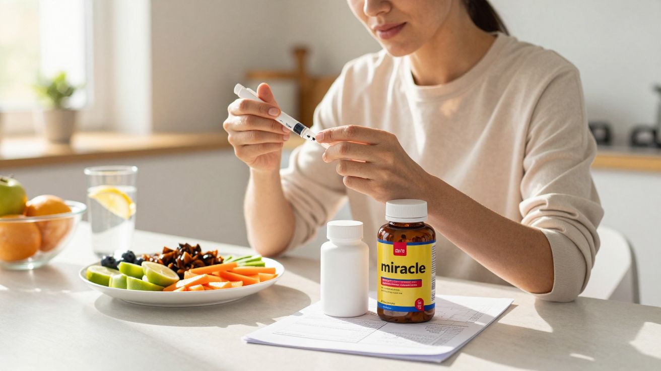 Femeie măsoară glicemia, cu fructe și medicamente pe masă, într-un decor luminos de bucătărie modernă.