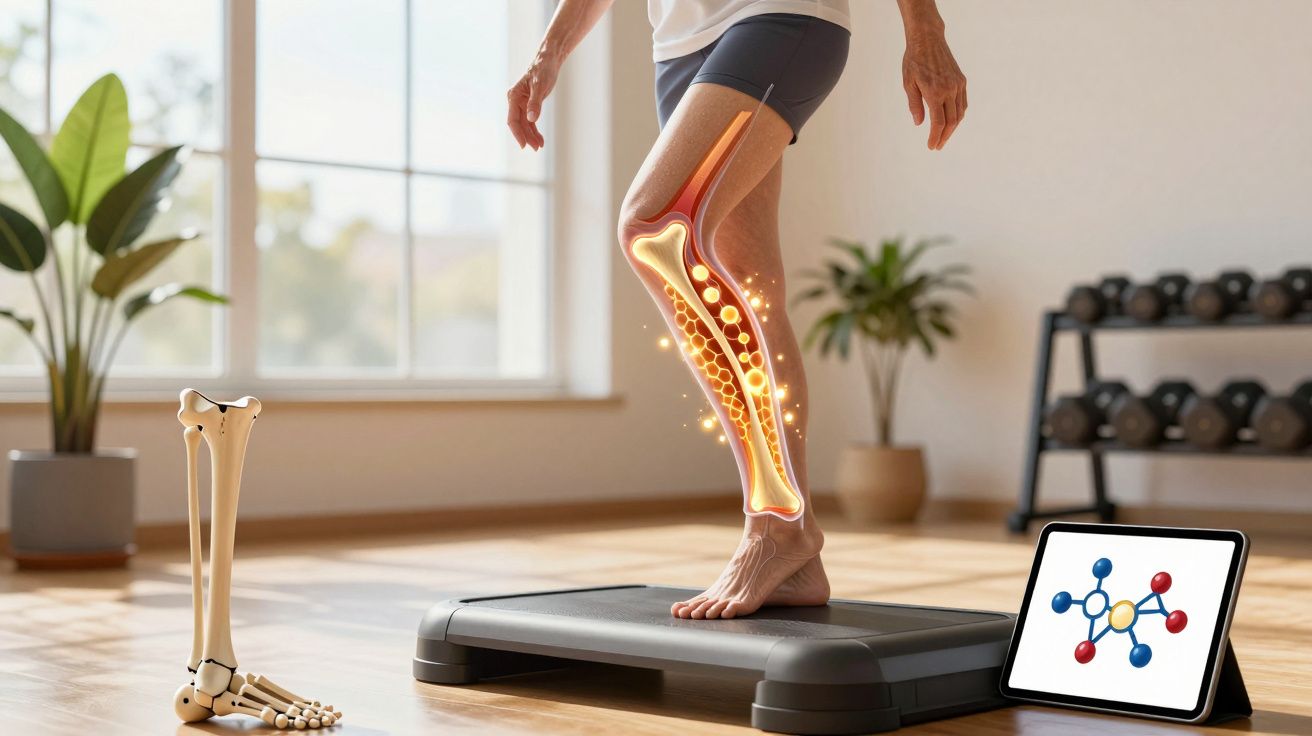 Persoană pe stepper cu ilustrație a oaselor și articulațiilor piciorului într-o sală de sport luminoasă.