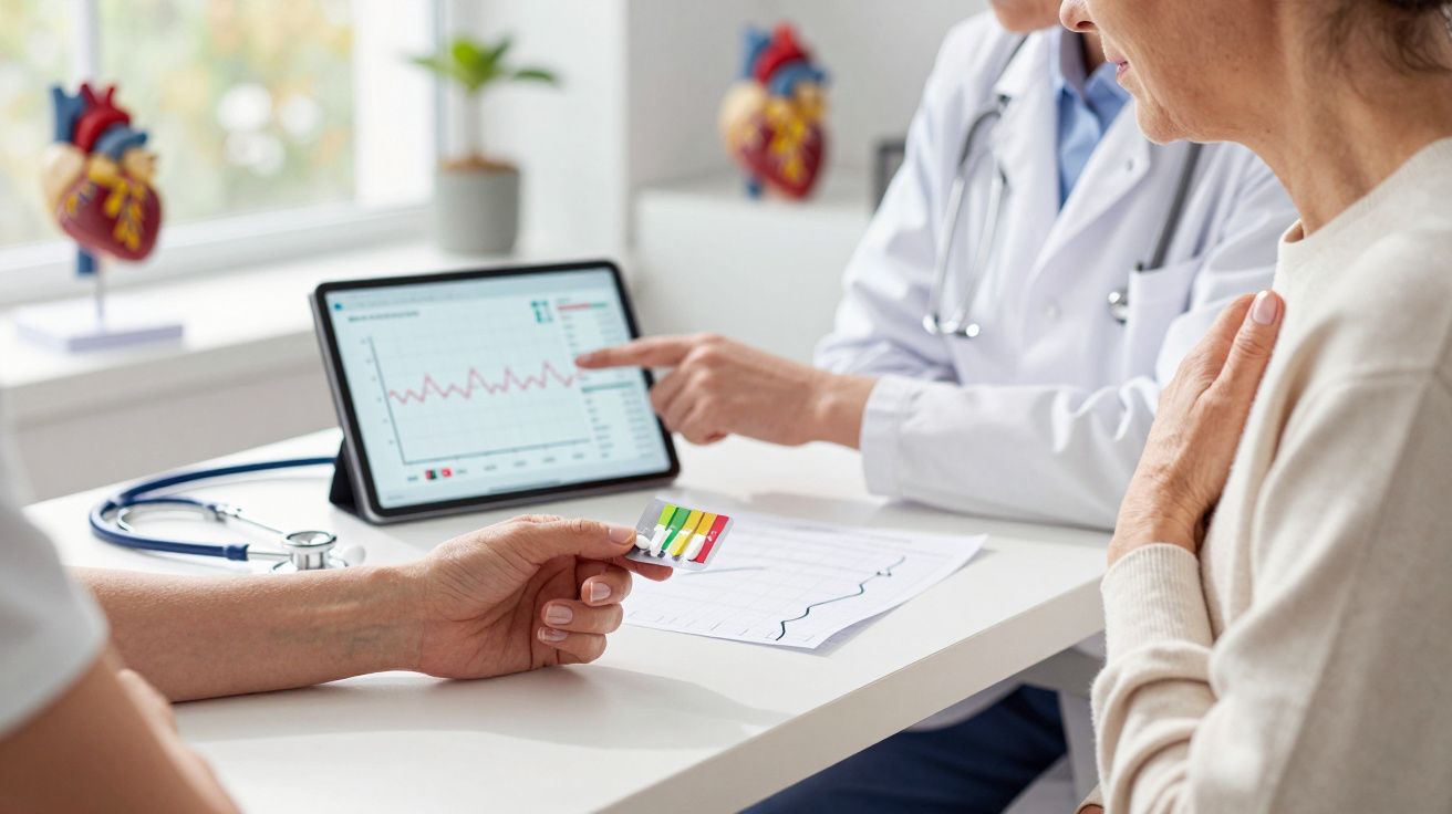 Doctor și pacient discutând rezultatele unui test medical cu grafice pe ecran și hârtie.