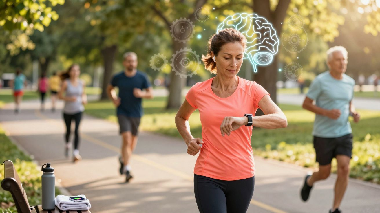 Femeie alergând în parc, verificând ceasul inteligent, cu ilustratie creier digital și oameni alergând în fundal.