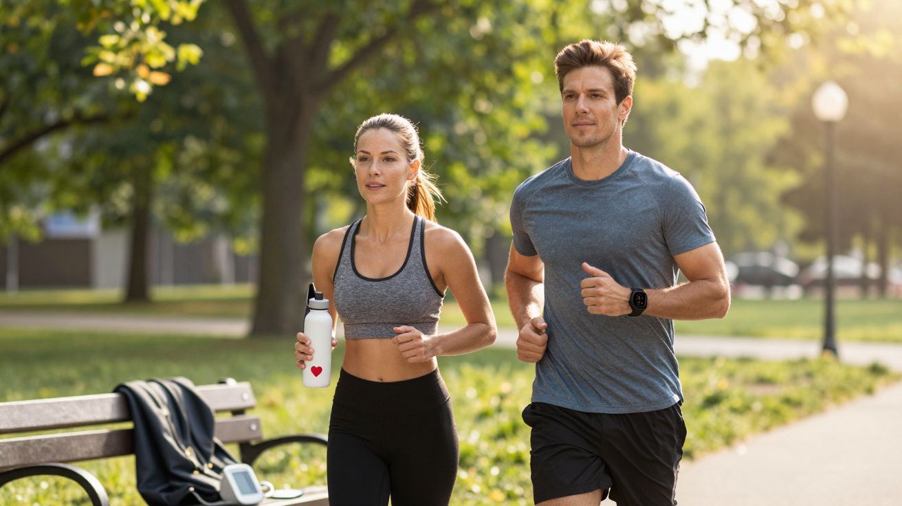 Bărbat și femeie aleargă în parc în timpul zilei, femeia ține o sticlă de apă albă.