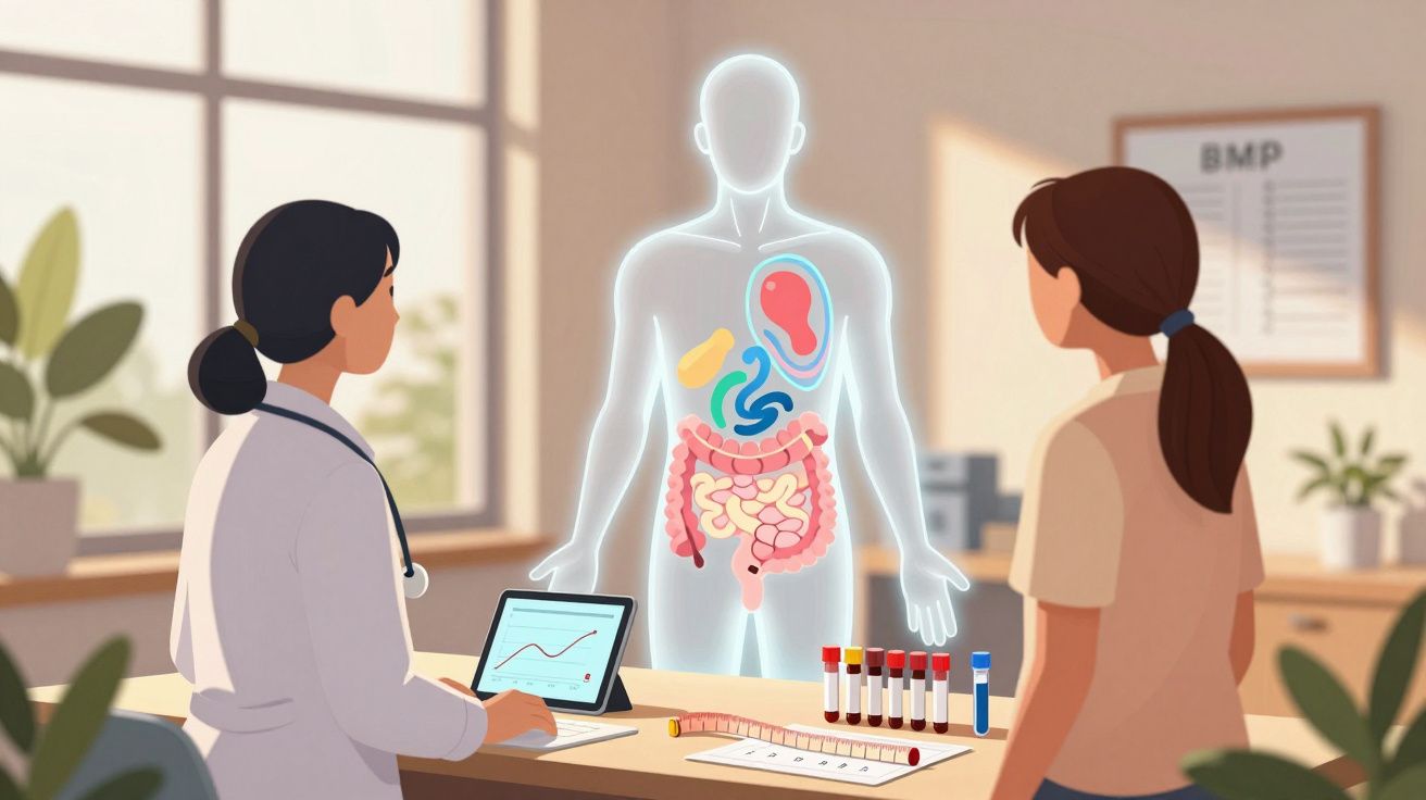 Medic explicând pacientei anatomia tractului digestiv, cu analize de sânge pe birou într-un cabinet medical.
