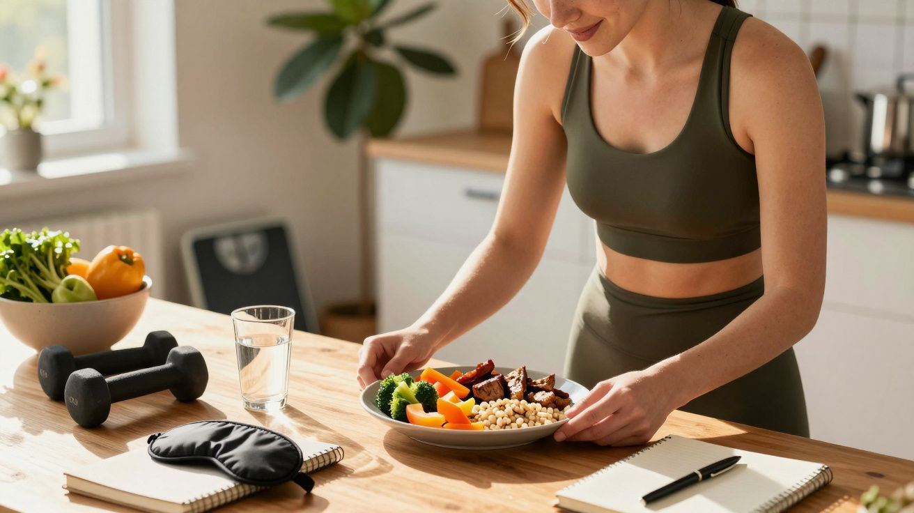Femeie în echipament sport pregătind o masă sănătoasă cu legume și proteine în bucătărie luminoasă.