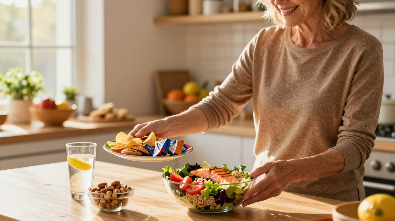 Femeie zâmbitoare pregătind o salată și aperitive într-o bucătărie luminoasă și modernă.