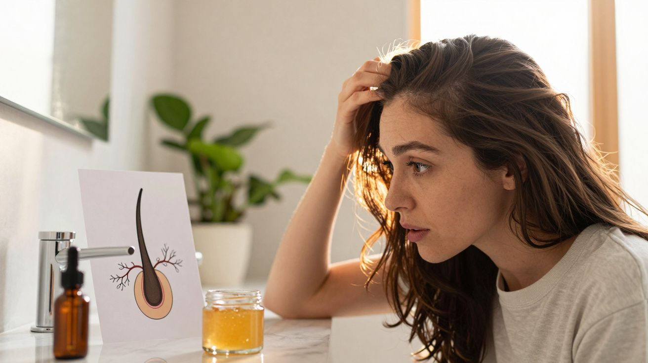 Femeie privind o ilustrație a rădăcinii părului, preocupată de căderea părului, pe un tejghea cu produse îngrijire.