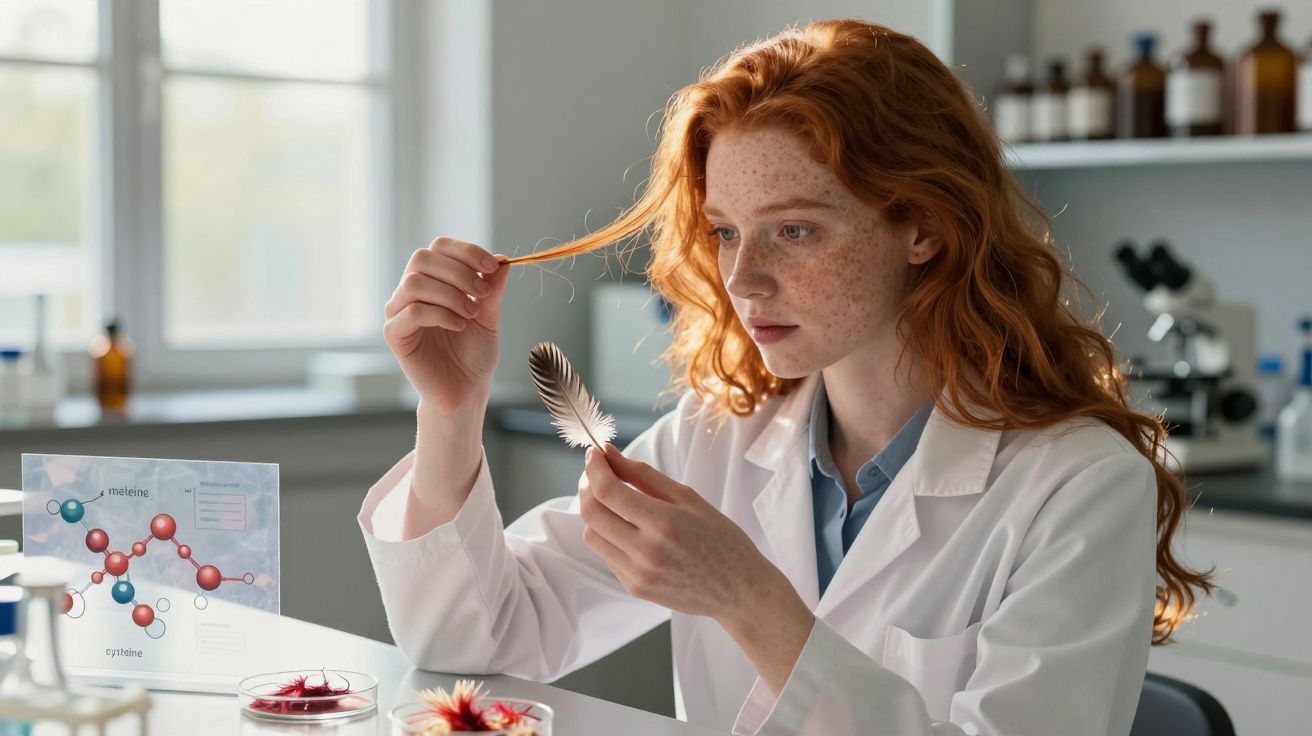 Tânără scientistă în halat alb examinând o pană într-un laborator luminos cu echipamente științifice.