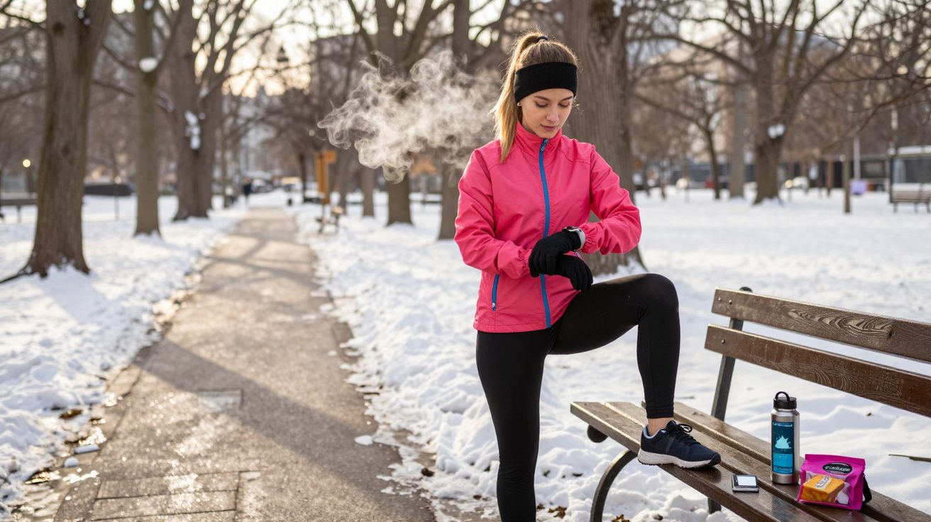 Femeie în haine sport de iarnă, verificând ceasul pe un parc acoperit cu zăpadă, cu aburi vizibili în aer.