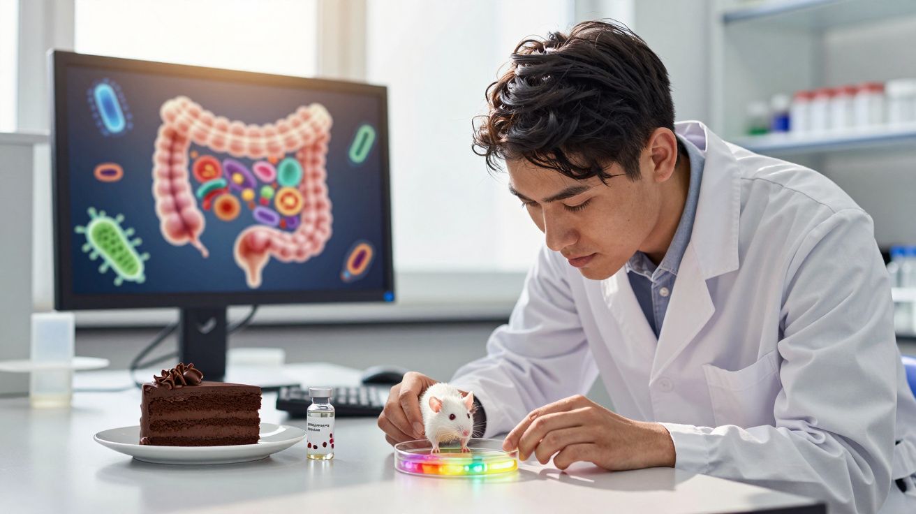 Cercetător în halat alb studiază un șoarece de laborator pe o tavă colorată, cu ecran de microbi în fundal.
