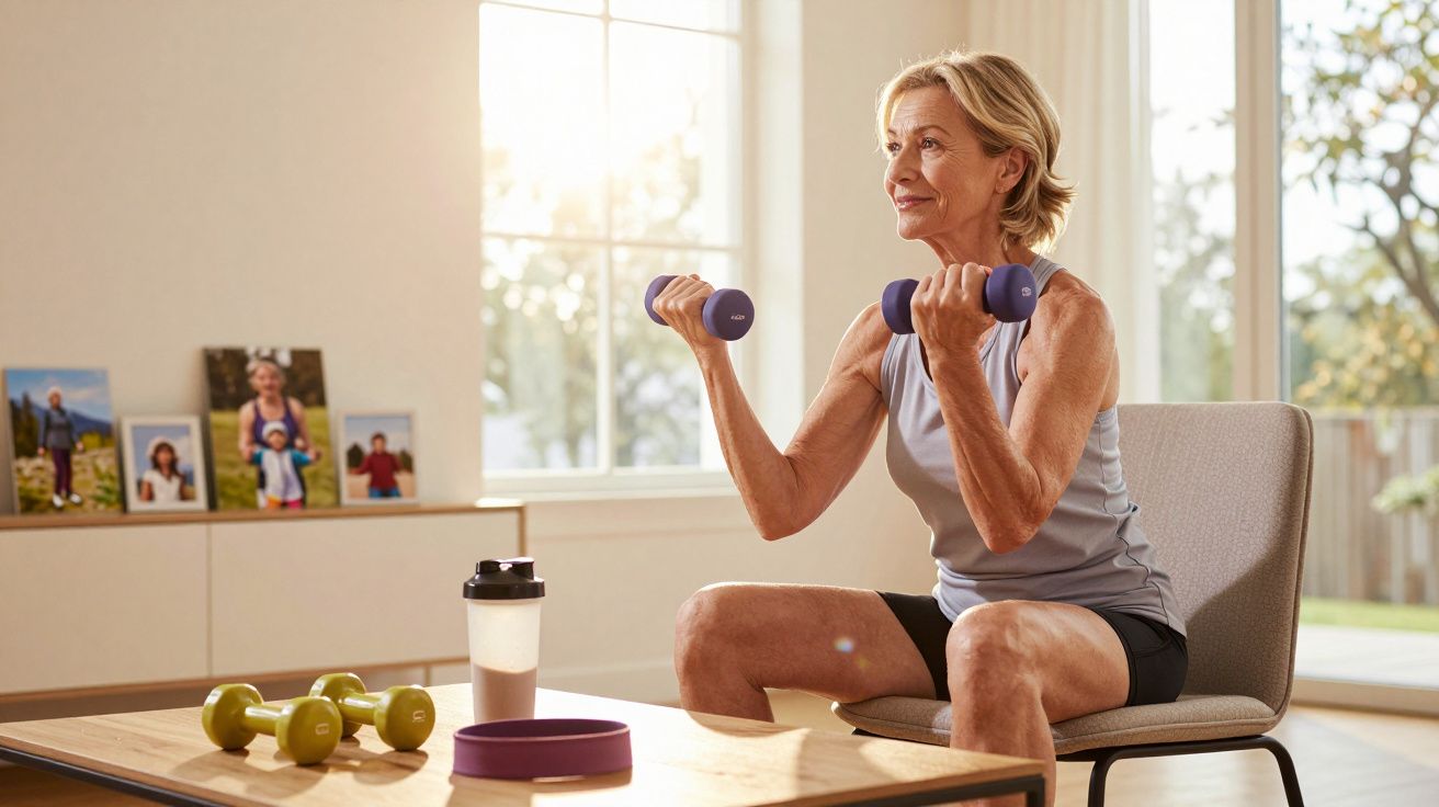 Femeie în vârstă face exerciții cu gantere în casă, în lumină naturală, pe un scaun confortabil.