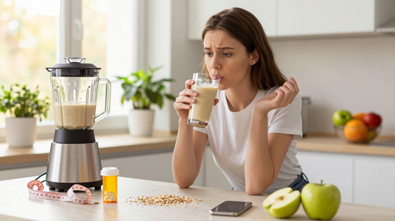 Femeie care gustă un shake proteic în bucătărie, privind cu neîncredere băutura din pahar.