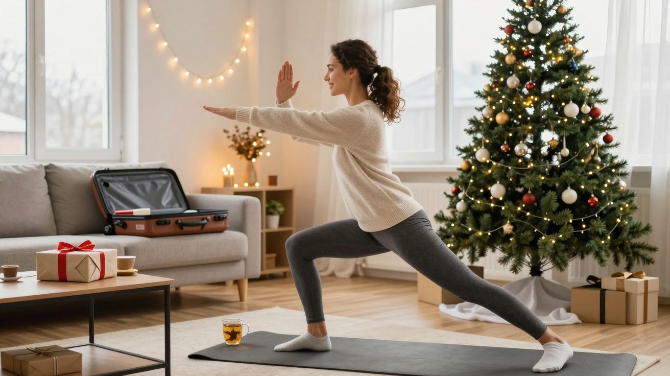 Femeie care face exerciții de yoga lângă bradul de Crăciun într-o cameră luminoasă și primitoare.