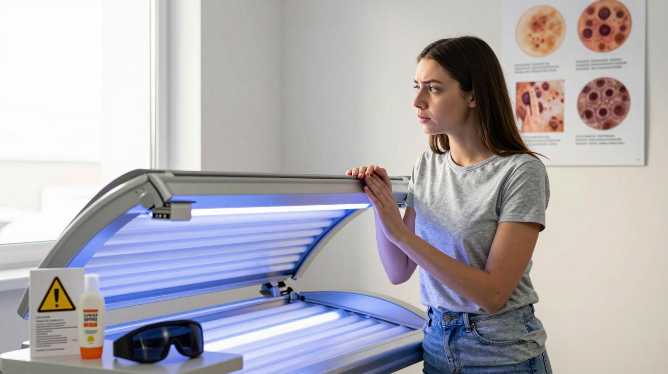 Femeie ridicând capacul unui pat de bronzat cu tuburi luminoase albastre într-o clinică de dermatologie.