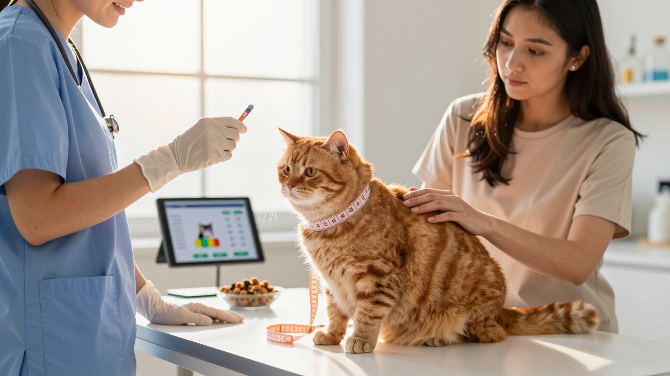 Veterinar măsoară o pisică portocalie în cabinet, cu o femeie alături care o ține ușor pe masă.