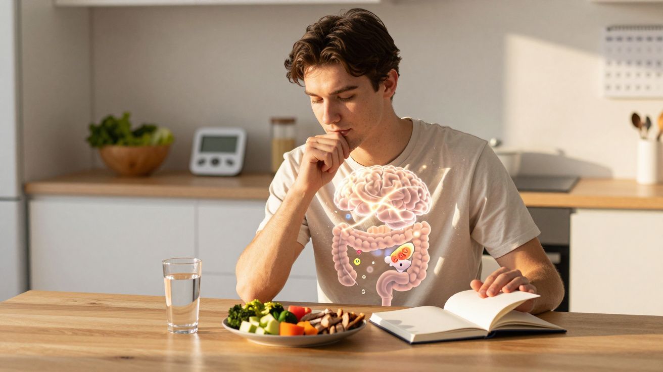 Tânăr care citește la masă în bucătărie, ilustrând conexiunea dintre creier și sistemul digestiv.
