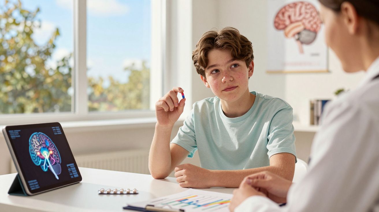 Adolescent ținând o pastilă în cabinet medical, discutând cu un specialist despre sănătatea creierului.
