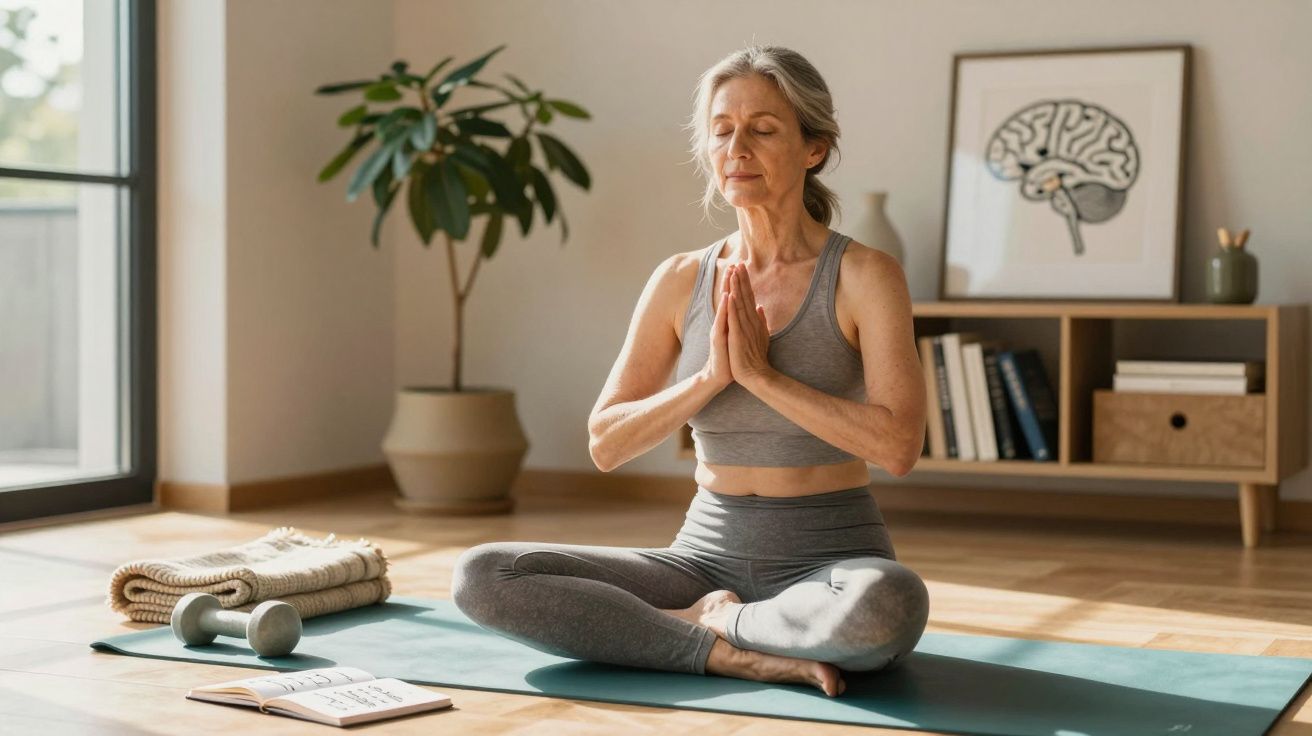 Femeie meditată în poziție de lotus pe saltea de yoga într-o cameră luminoasă, cu plante și cărți.